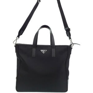 Prada ReNylon Saffiano Leather Tote Bag signature enamel triangle logo Black